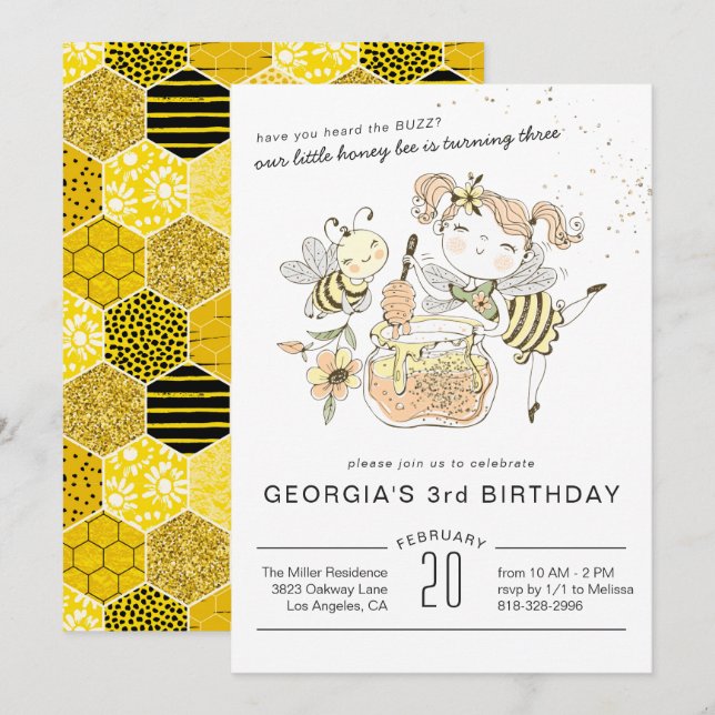 Invitation à la fête d'anniversaire de l'abeille d (Devant / Derrière)