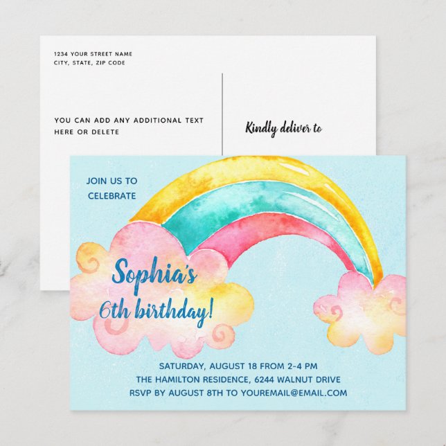 Invitation à la fête d'anniversaire de l'arc-en-ci (Devant / Derrière)