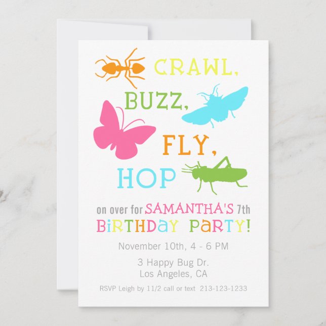 Invitation à la fête d'anniversaire de l'insecte f (Devant)