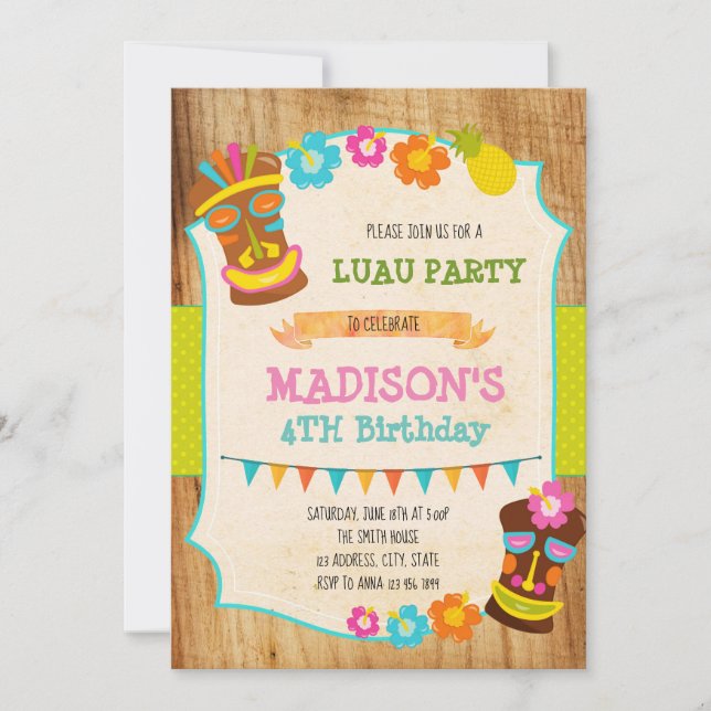 Invitation à la fête d'anniversaire de Luau (Devant)