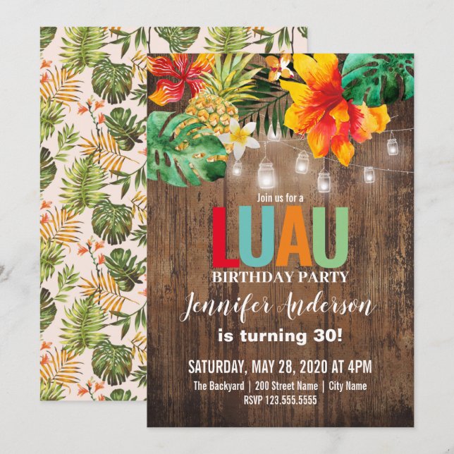 Invitation à la fête d'anniversaire de Luau (Devant / Derrière)