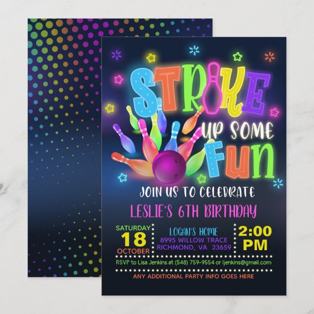 Invitation à la fête d'anniversaire de Neon Bowlin (Devant / Derrière)