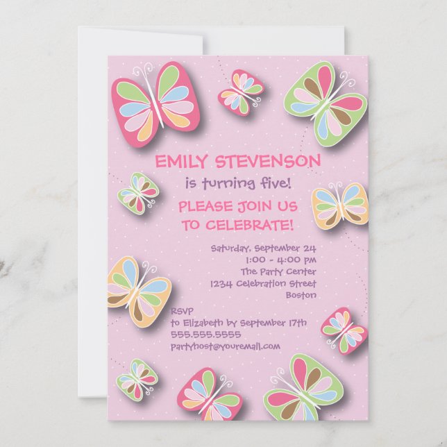 Invitation à la fête d'anniversaire de papillon ro (Devant)