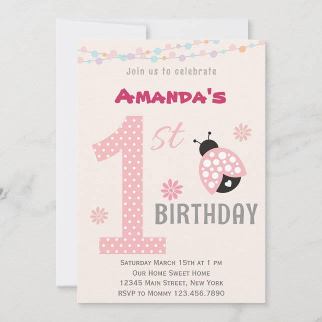 Invitation à la fête d'anniversaire de Pink Ladybu (Devant)