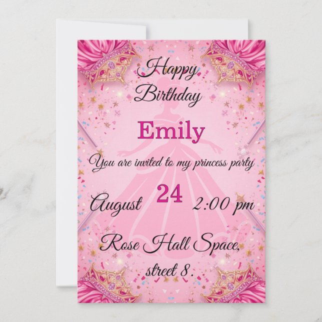 Invitation à la fête d'anniversaire de princesse | (Devant)