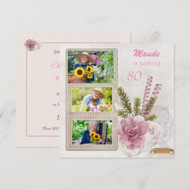 Invitation à la fête d'anniversaire de Shabby Chic (Devant / Derrière)