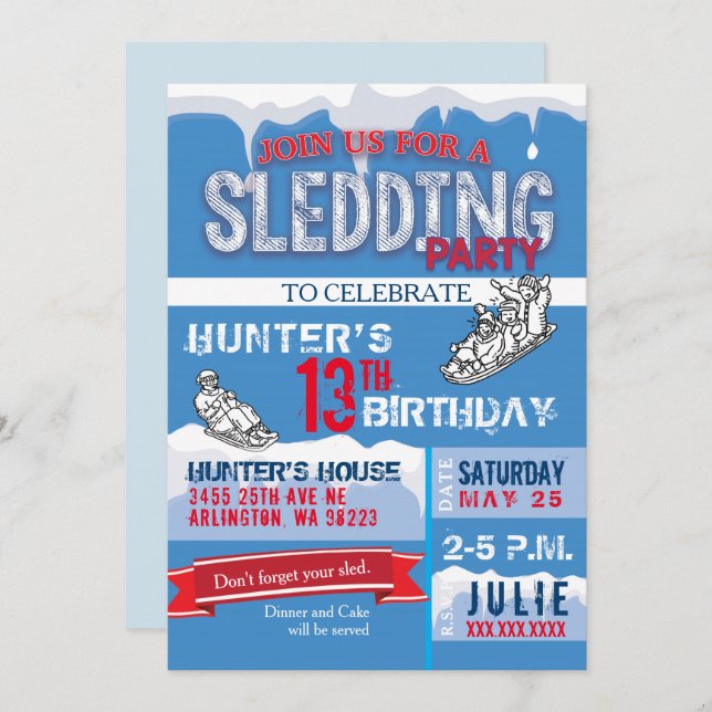 Invitation à la fête d'anniversaire de Sledding (Devant / Derrière)
