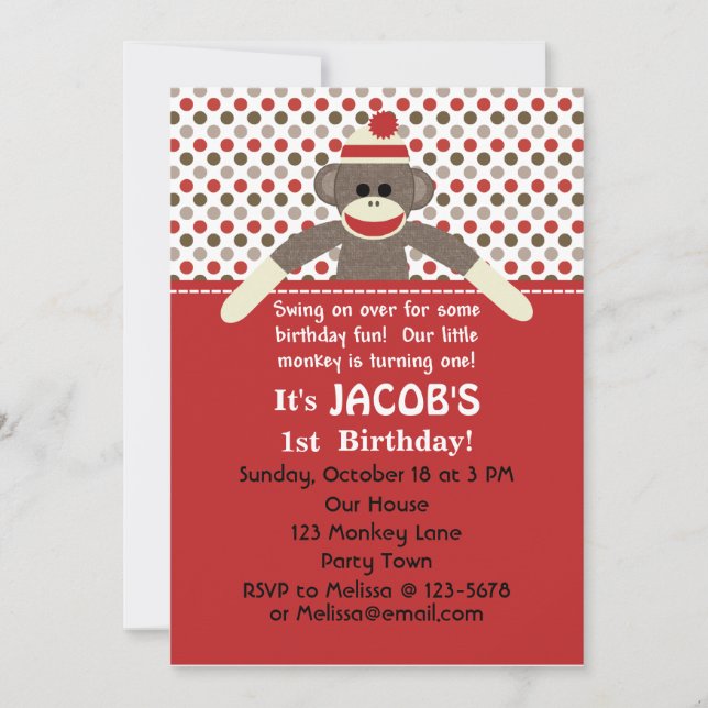 Invitation à la fête d'anniversaire de Sock Monkey (Devant)