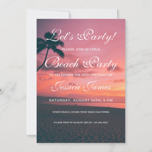 Invitation à la fête d'anniversaire de Sunset Beac (Devant)