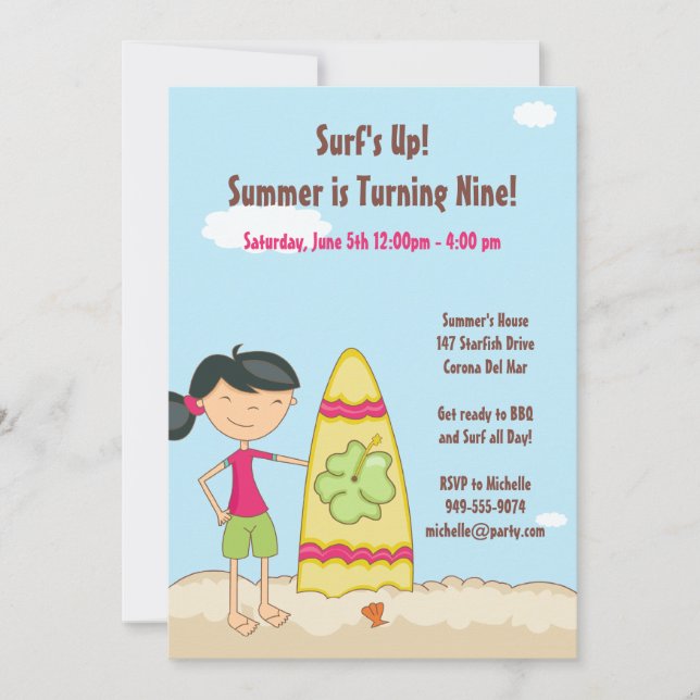 Invitation à la fête d'anniversaire de Surfer Girl (Devant)