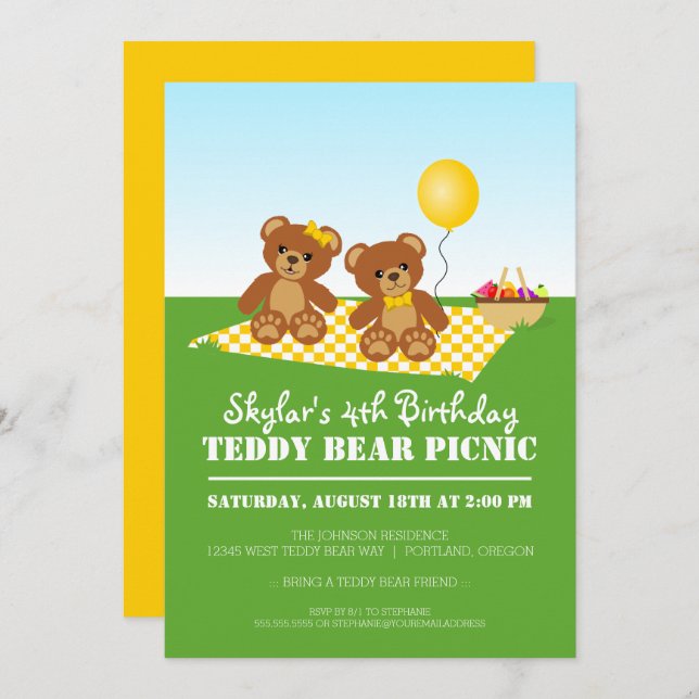 Invitation à la fête d'anniversaire de Teddy Bear (Devant / Derrière)