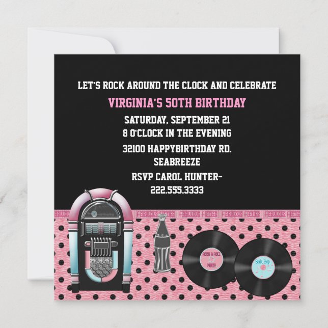 Invitation à la fête d'anniversaire des années 50 (Devant)