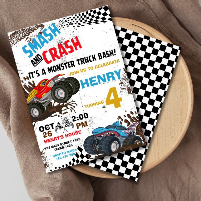 Invitation à la fête d'anniversaire du Camion Mons (MONSTER TRUCK BIRTHDAY INVITATION, SMASH AND CRASH ITS A MONSTER BASH)
