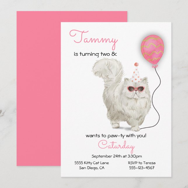 Invitation à la fête d'anniversaire du chat (Devant / Derrière)