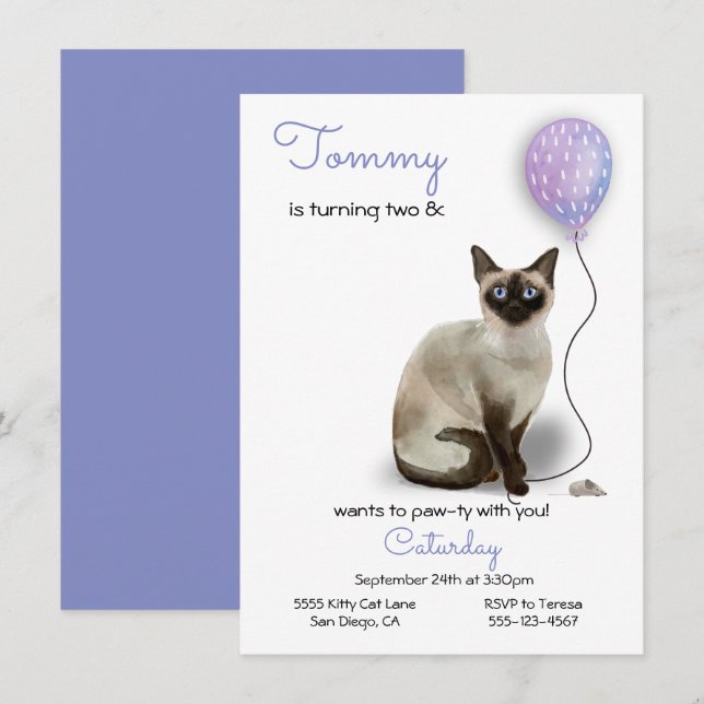 Invitation à la fête d'anniversaire du chat (Devant / Derrière)