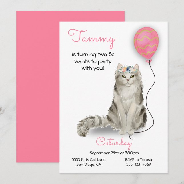 Invitation à la fête d'anniversaire du chat (Devant / Derrière)