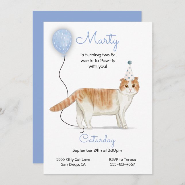 Invitation à la fête d'anniversaire du chat (Devant / Derrière)