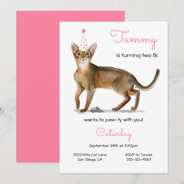 Invitation à la fête d'anniversaire du chat (Devant / Derrière)