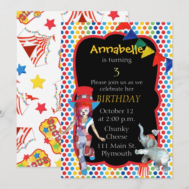 Invitation à la fête d'anniversaire du cirque (Devant / Derrière)