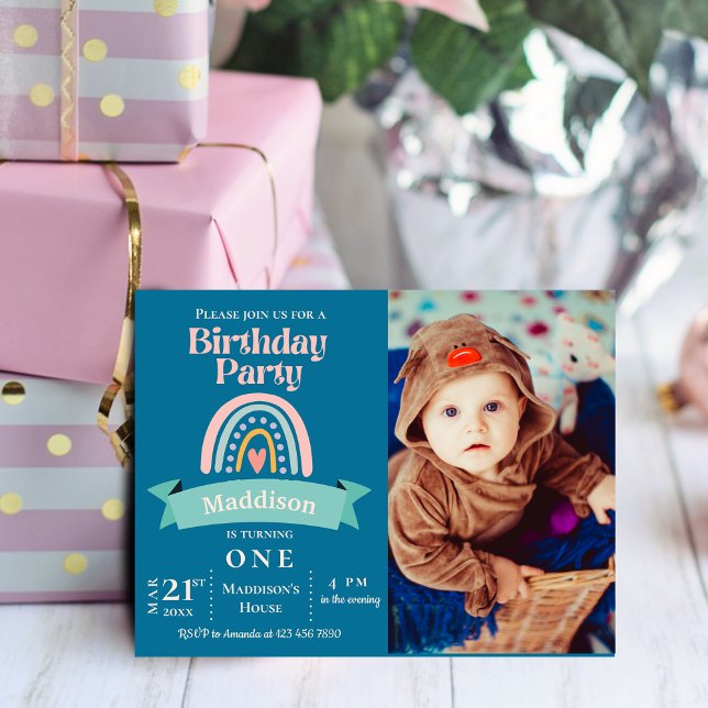 Invitation à la fête d'anniversaire du premier enf (Unicorn Rainbow Photo Birthday Party Invitation Postcard)