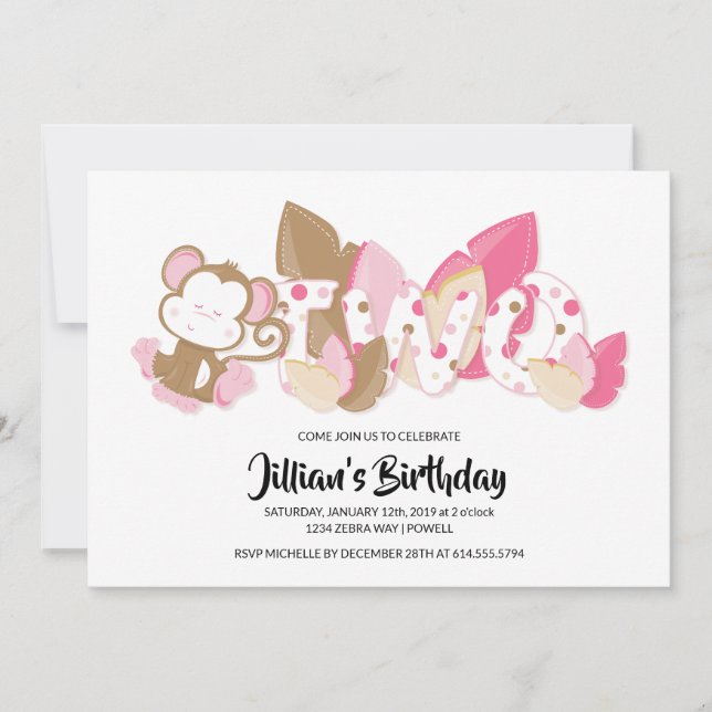 Invitation à la fête d'anniversaire du singe rose (Devant)