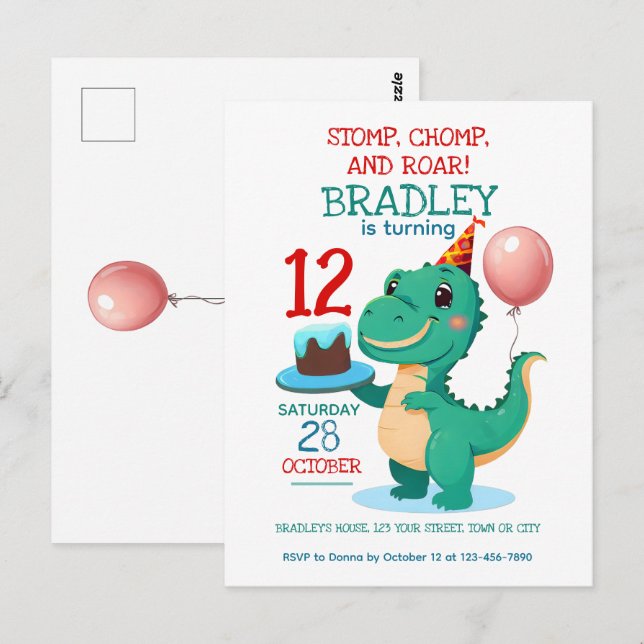 Invitation à la fête d'anniversaire du T Rex 12 an (Devant / Derrière)
