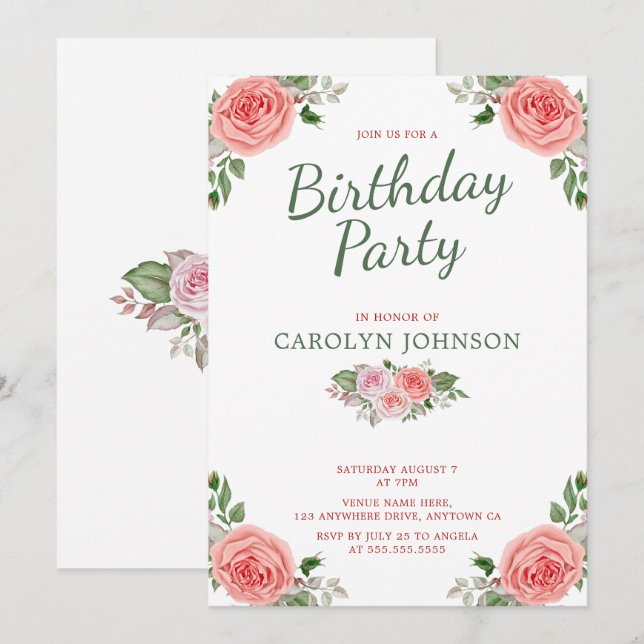 Invitation à la fête d'anniversaire Floral Rose ro (Devant / Derrière)
