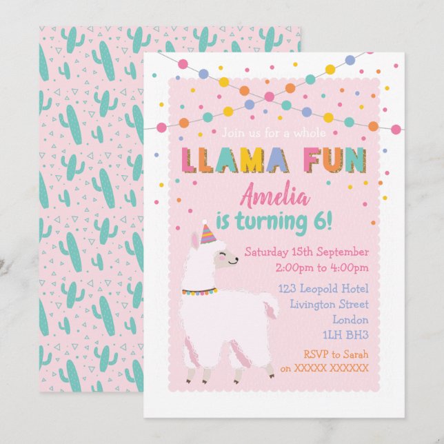 Invitation à la fête d'anniversaire Llama Pink (Devant / Derrière)
