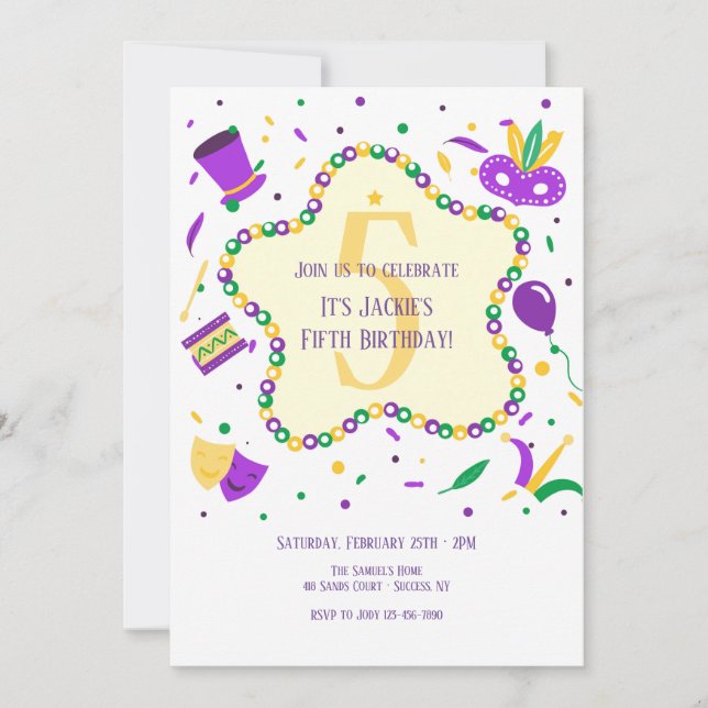 Invitation à la fête d'anniversaire Mardi Gras (Devant)