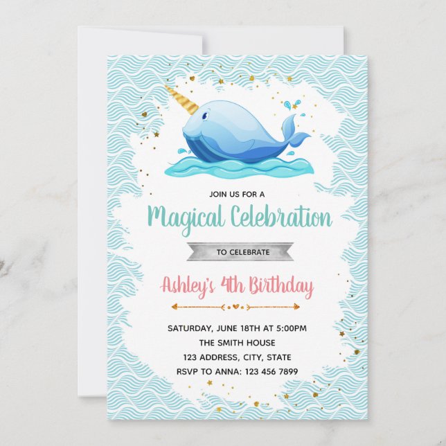 Invitation à la fête d'anniversaire Narwhal (Devant)