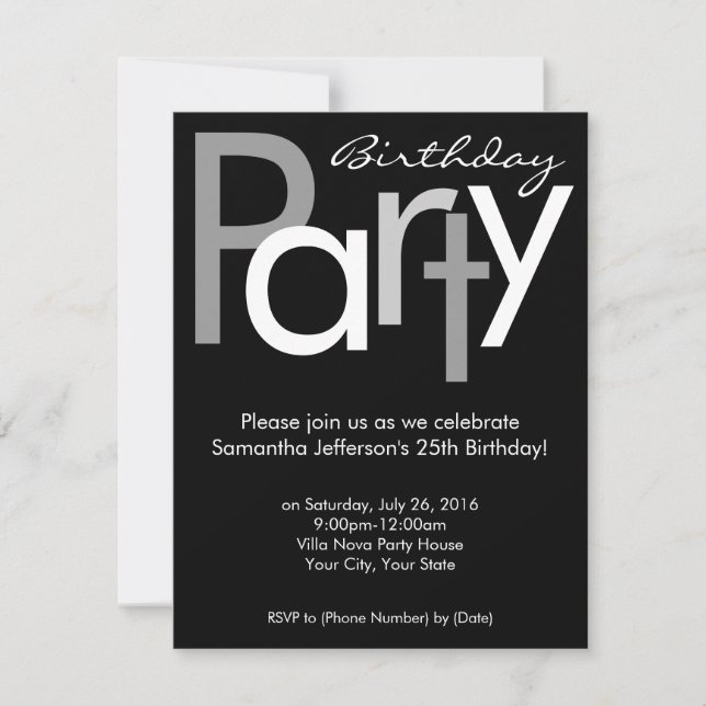 Invitation à la fête d'anniversaire Noir et blanc (Devant)