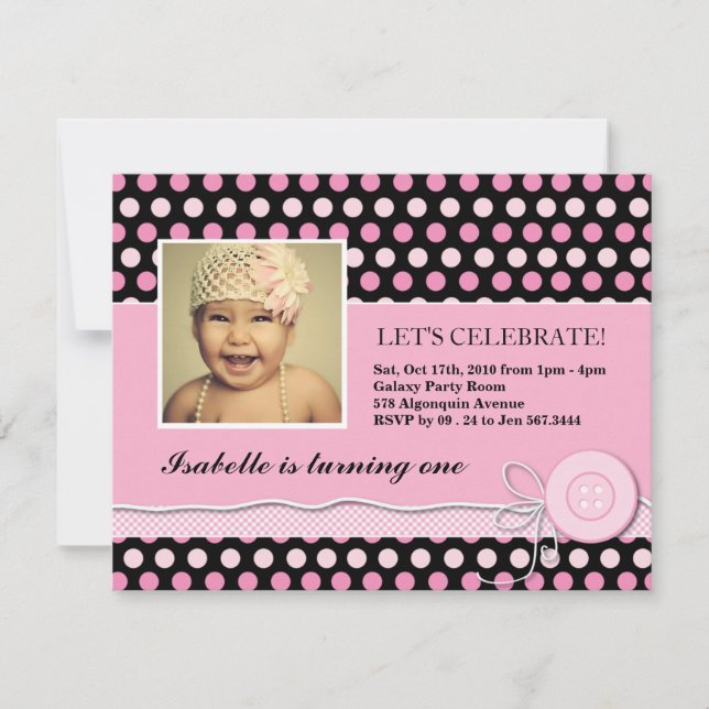 Invitation à la fête d'anniversaire noire et rose (Devant)