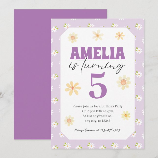Invitation à la fête d'anniversaire Purple Daisy t (Devant / Derrière)