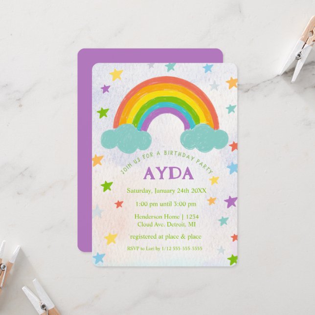 Invitation à la fête d'anniversaire Rainbow (Devant/Arrière en situation)