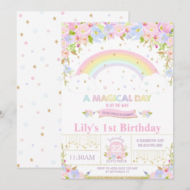 Invitation à la fête d'anniversaire Rainbow Floral (Devant / Derrière)