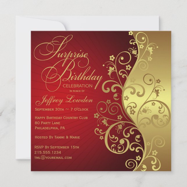 Invitation à la fête d'anniversaire Red & Gold Sur (Devant)