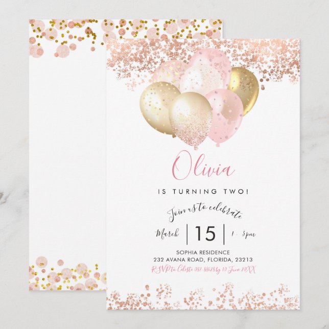 Invitation à la fête d'anniversaire rose et or (Devant / Derrière)