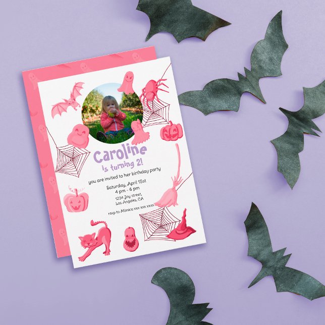 Invitation à la fête d'anniversaire sur le thème d (Pink and white halloween birthday party invitation)