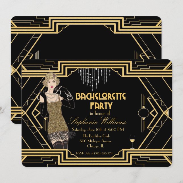 Invitation à la fête de bachelorette art déco des  (Devant / Derrière)