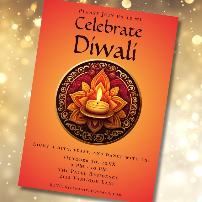 Invitation à la fête de Diya Diwali jaune et rouge (Créateur téléchargé)