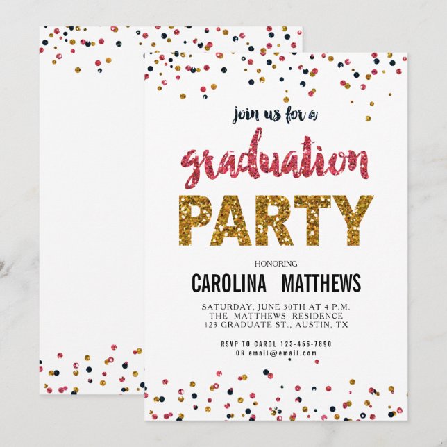 Invitation à la fête de graduation Gold Pink Confe (Devant / Derrière)