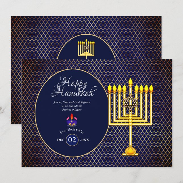 Invitation à la fête de Hanukkah Menorah bleu or 3 (Devant / Derrière)
