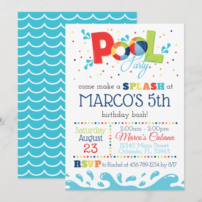 Invitation à la fête de la piscine Anniversaire d' (Devant / Derrière)