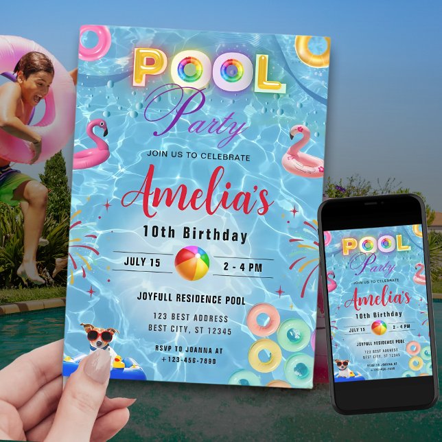 Invitation à la fête de la piscine colorée | Anniv (Créateur téléchargé)