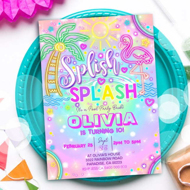 Invitation à la fête de la piscine de squash Neon (Neon Splish Splash Pool Party Invitation)