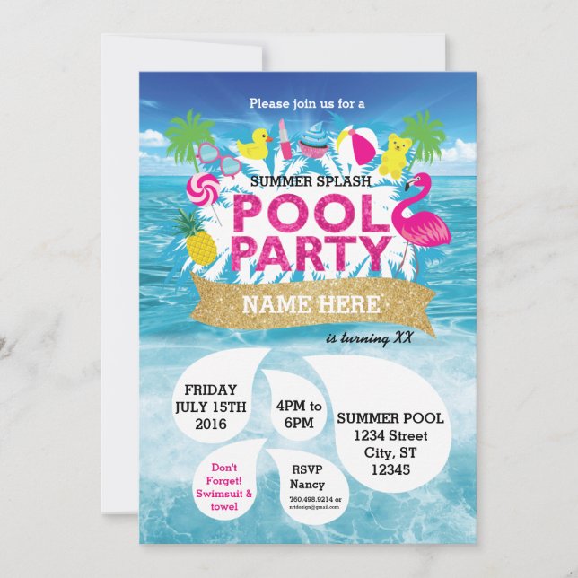 Invitation à la fête de la piscine d'été 5 x 7 (Devant)