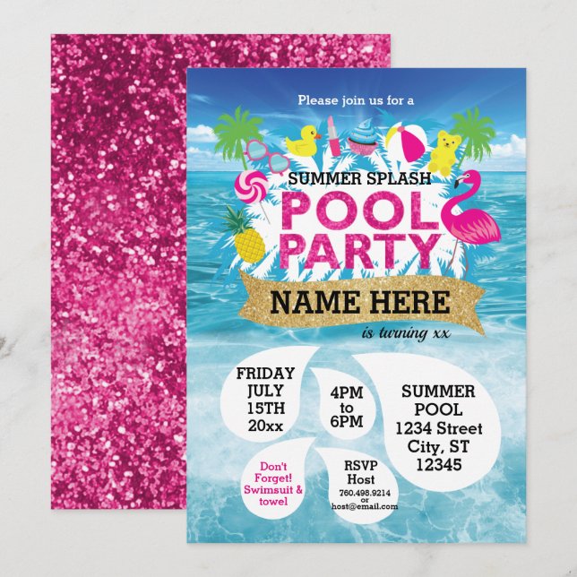 Invitation à la fête de la piscine d'été 5 x 7 (Devant / Derrière)