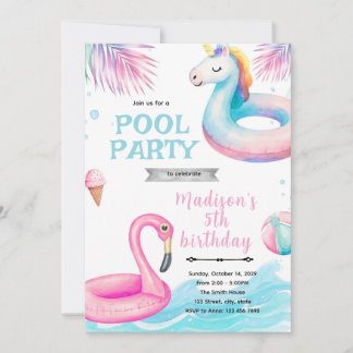 Invitation à la fête de la piscine licorne flamant