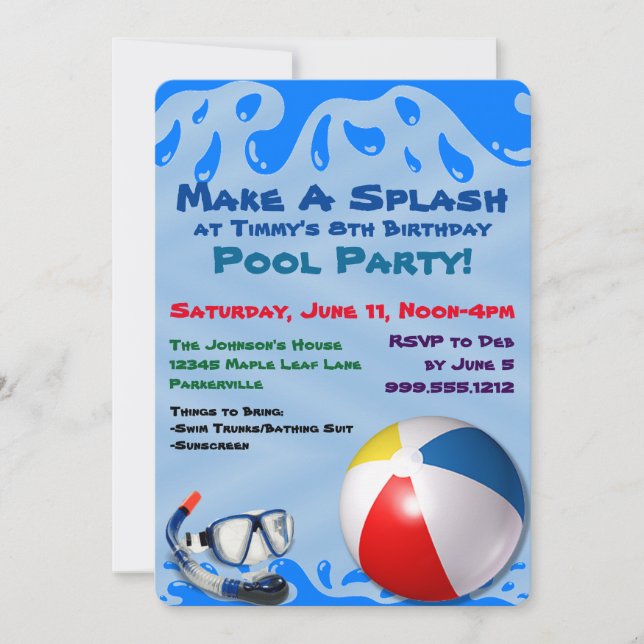 Invitation à la fête de la piscine pour enfants (Devant)