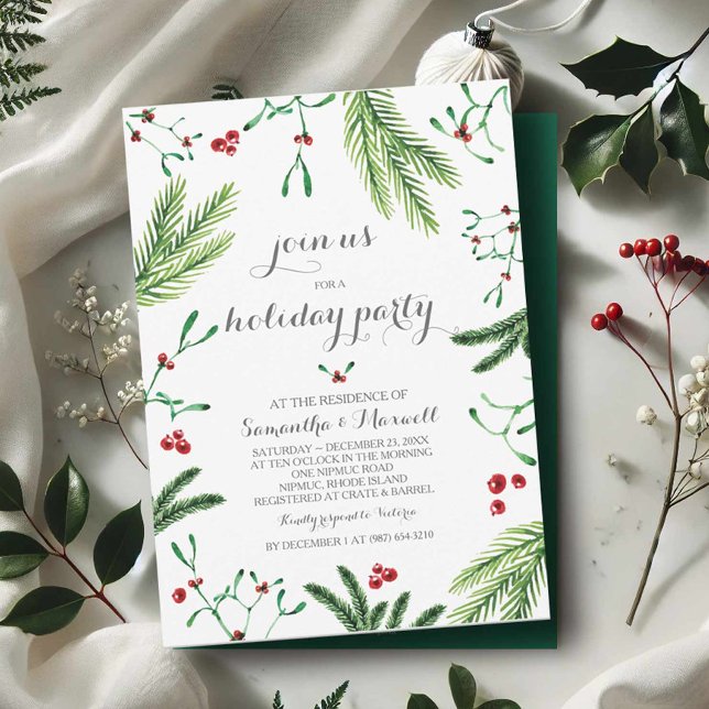 Invitation à la fête de la verdure de Noël (Holiday party invitations red and green botanicals)